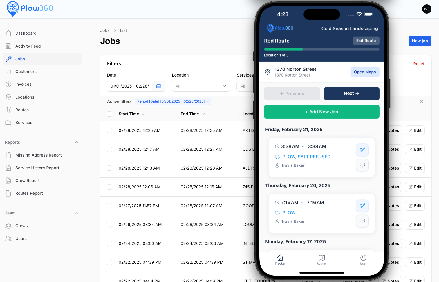 Plow360 dashboard showing job tracking, route management, and real-time weather data for snow removal operations